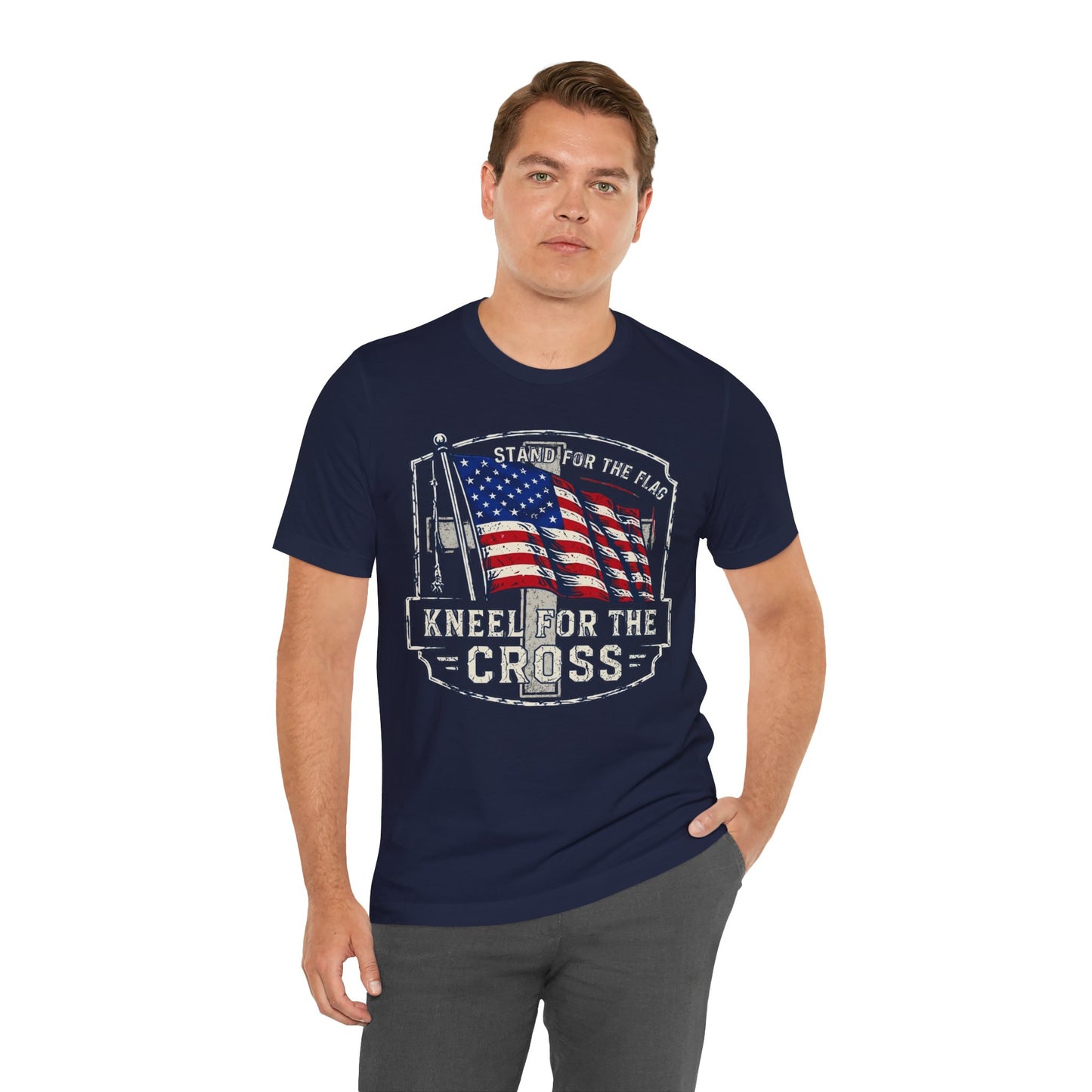 Kneel for the Cross T‑Shirt — American Flag Christian Patriot Tee