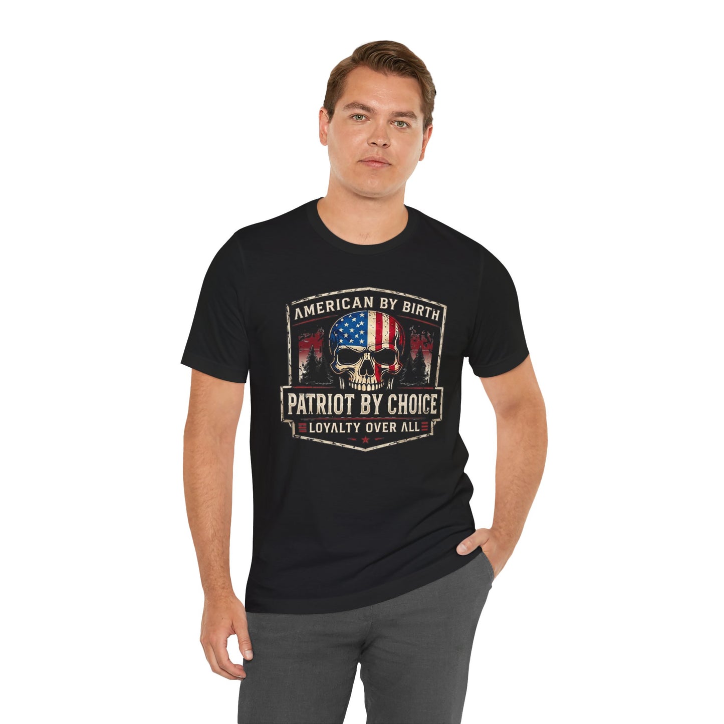 Patriot Skull T-Shirt — "American by Birth, Patriot by Choice" USA Flag Tee